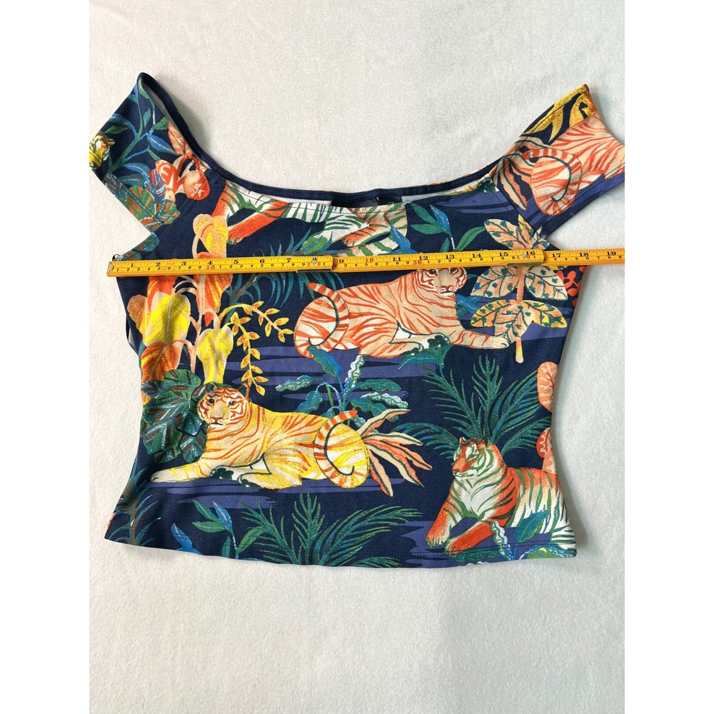 Maeve Anthropologie Tiger Print Off Shoulder Top Navy Blue Boho Y2K Large - Picture 5 of 5